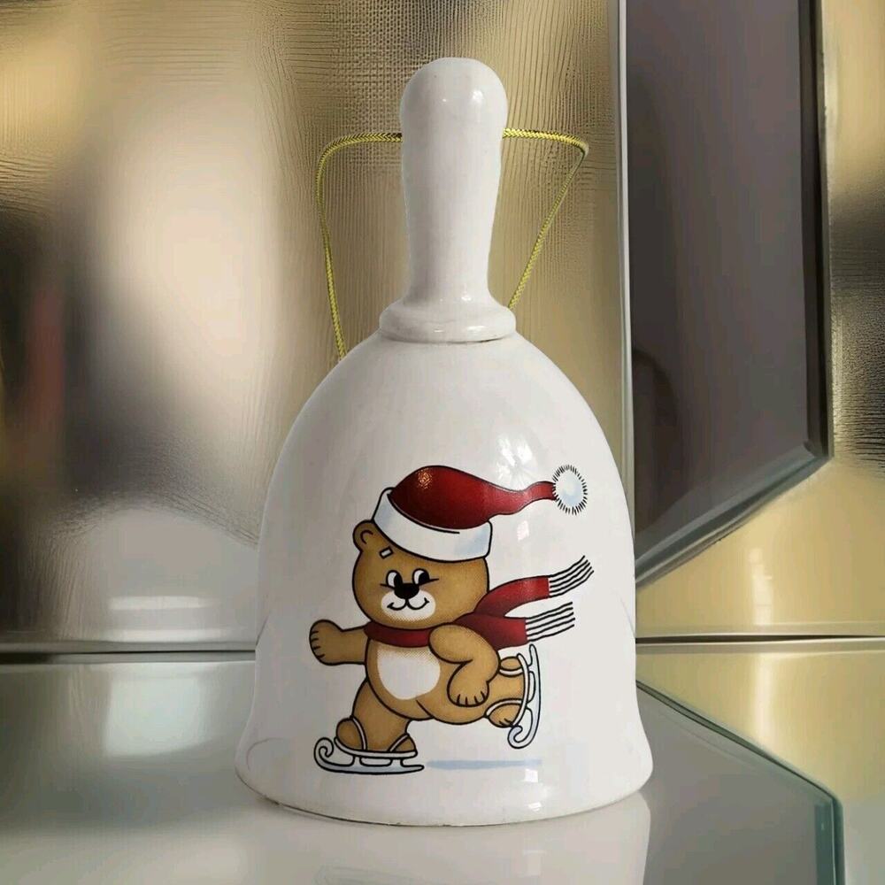 Vintage Christmas Bell Ornament Porcelain Bear Ice Skating Santa Hat Red Scarf